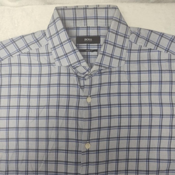 Hugo Boss Shirt Mens 15.5 Blue Check Slim Spread Collar Dress Long Sleeve Work - Picture 3 of 13
